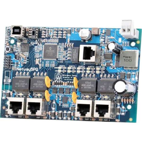 SKU-037587x00767 - Altronix Netway5PQ PoE+ switch board inserting 12v to 24v with LAN RJ45 socekt for PoE+ output to four (4) RJ45 sockets Brand is Altronix MSRP is 399.97