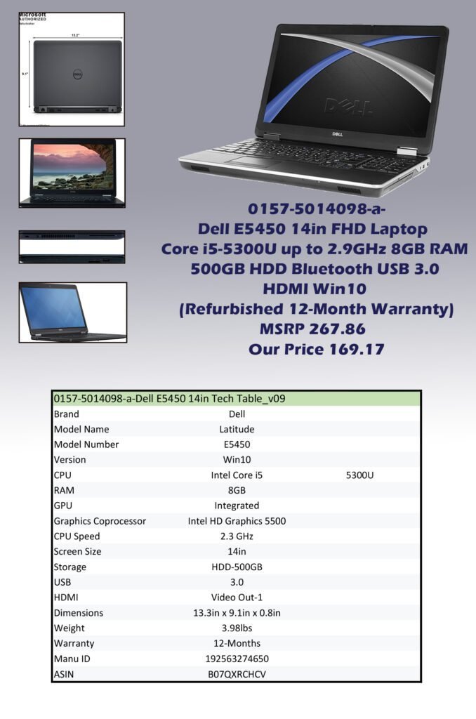 0157-5014098-a-Dell E5450 14in FHD Laptop Core i5-5300U up to 2.9GHz 8GB RAM 500GB HDD Bluetooth USB 3.0 HDMI Win10 (Refurbished 12-Month Warranty)
