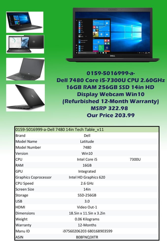 0159-5016999-a-Dell 7480 Core i5-7300U CPU 2.60GHz 16GB RAM 256GB SSD 14in HD Display Webcam Win10 (Refurbished 12-Month Warranty)